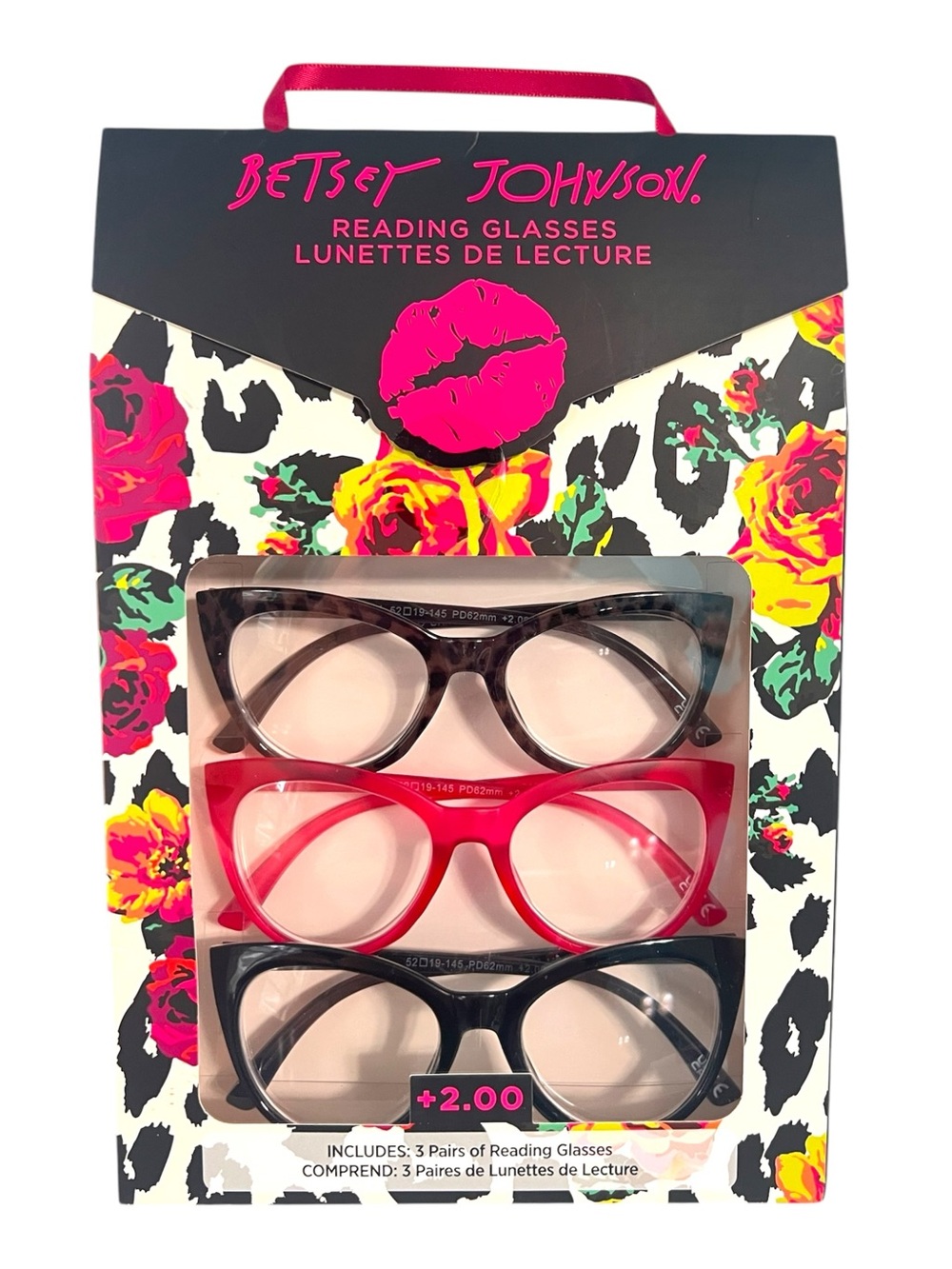 Betsey Johnson 3 Pack Reading Glasses Set +2.00 Strength Pink Black Tortoise